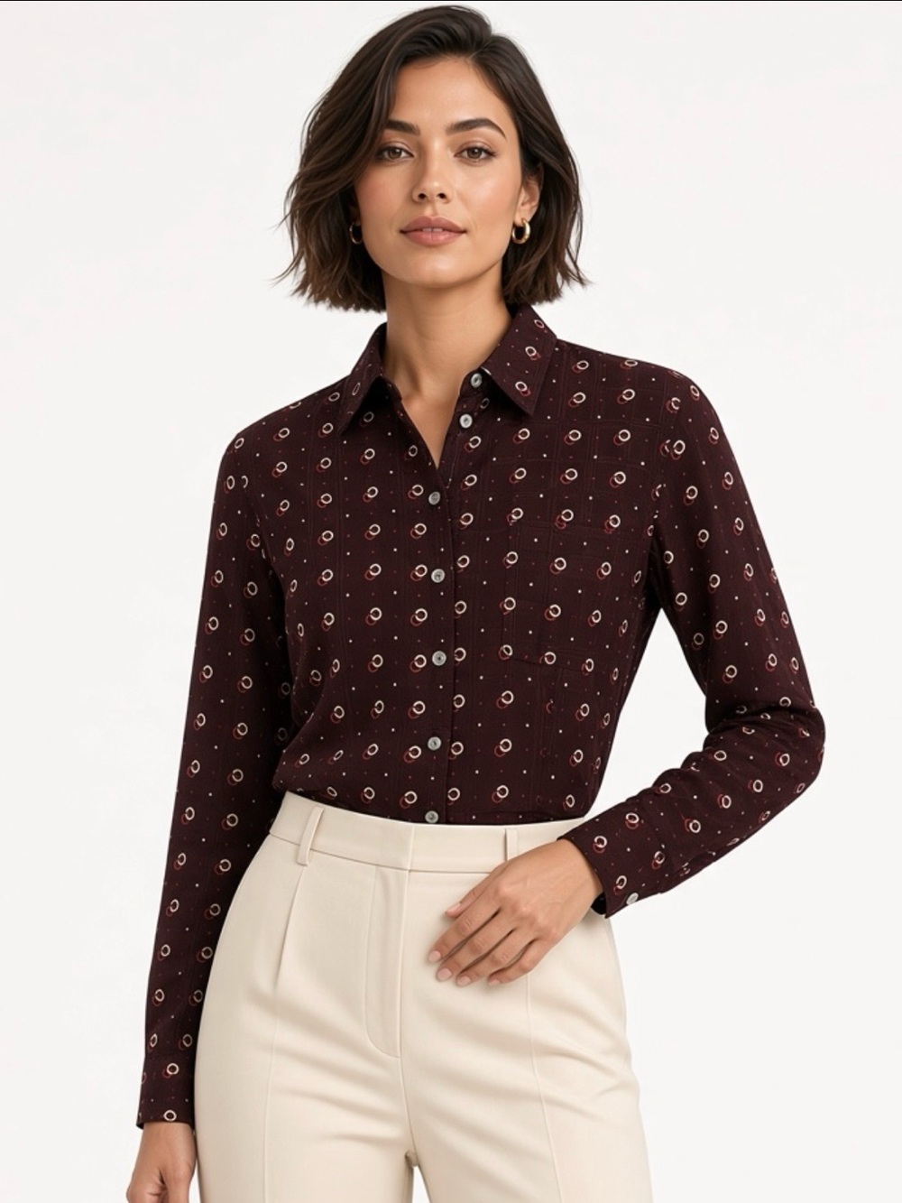 Evan Picone Womens Silk Button-Front Burgundy Printed Shirt